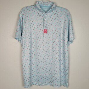 Pins & Aces Size L Polo Shirt Golf Short Sleeve Palm Print Stretch Blue Pink